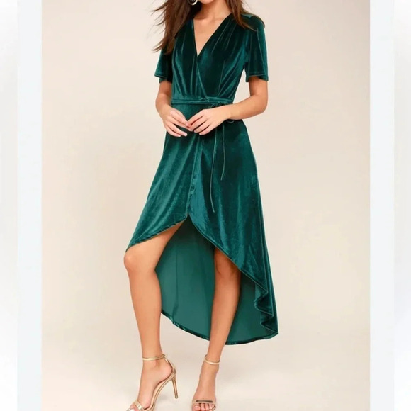 Lulus Amour Teal Green Luxe Stretch Velvet High-Low Wrap Dress V-Neck Size M - Picture 1 of 15